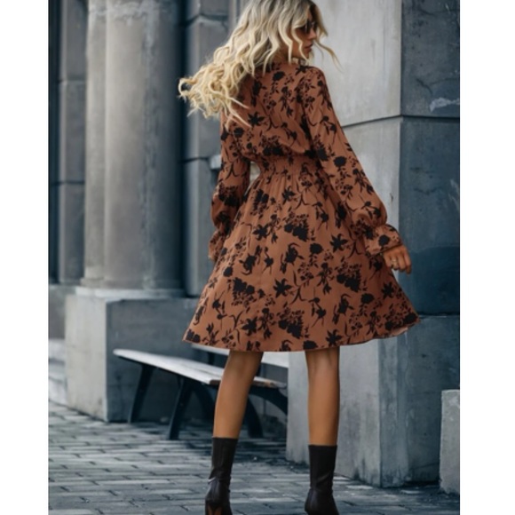 Boho floral print flounce sleeve surplice neck long sleeve mini dress - Picture 3 of 6